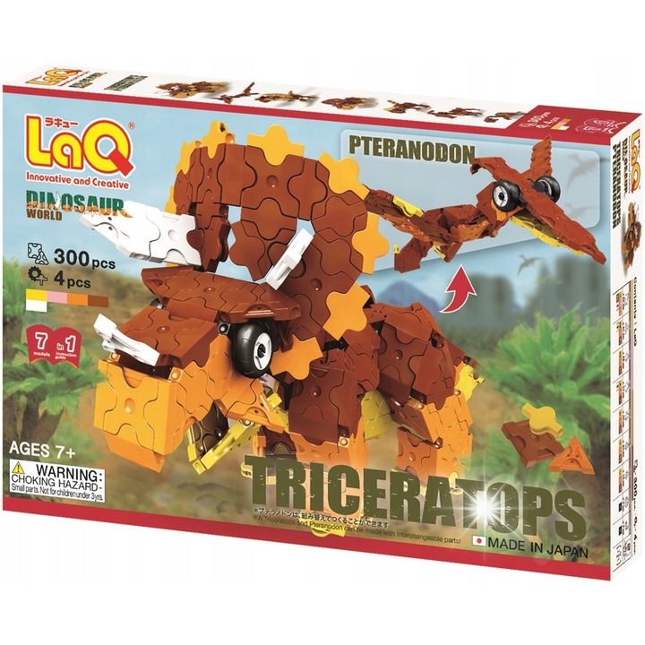 LaQ dinoszaurusz építőkészlet, Pteranodon és Triceratops, 300 darab, élénk színek, 7+ éveseknek ajánlott