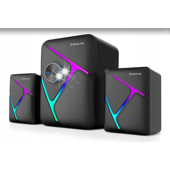 Set boxe 2.1 REAL-EL M-320, 11W, negru, dimensiuni subwoofer 110x131x158mm, sateliti 67x79x98mm