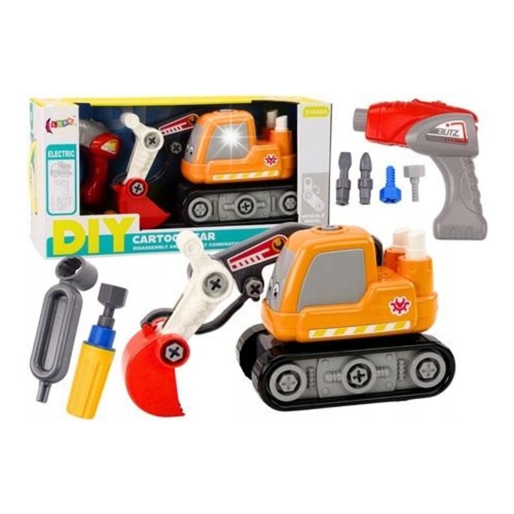 Excavator de jucarie Leantoys, portocalie, set cu unelte, 30x19x13,5cm