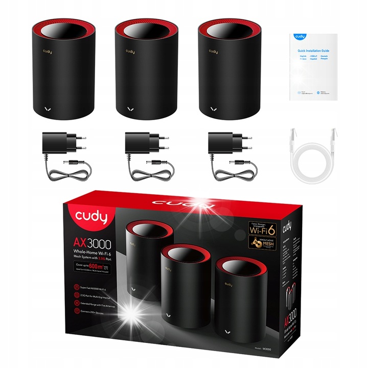 Router Mesh Cudy M3000 3-pack, Wi-Fi 6, 2402Mbps, 2.5G, negru
