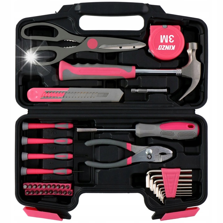 Комплект инструменти за жени, 39 елемента, розово-черно-сиво, размер 32x18x7,5см