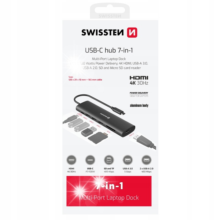 Hub USB-C 7 az 1-ben, HDMI 4K, 1x USB-A 3.0, 2x USB-A 2.0, SD, Micro SD, 100W, 120x29x10mm