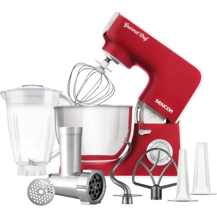 Кухненски робот Sencor STM 3774RD, 1000 W, червен, функции за месене и миксиране