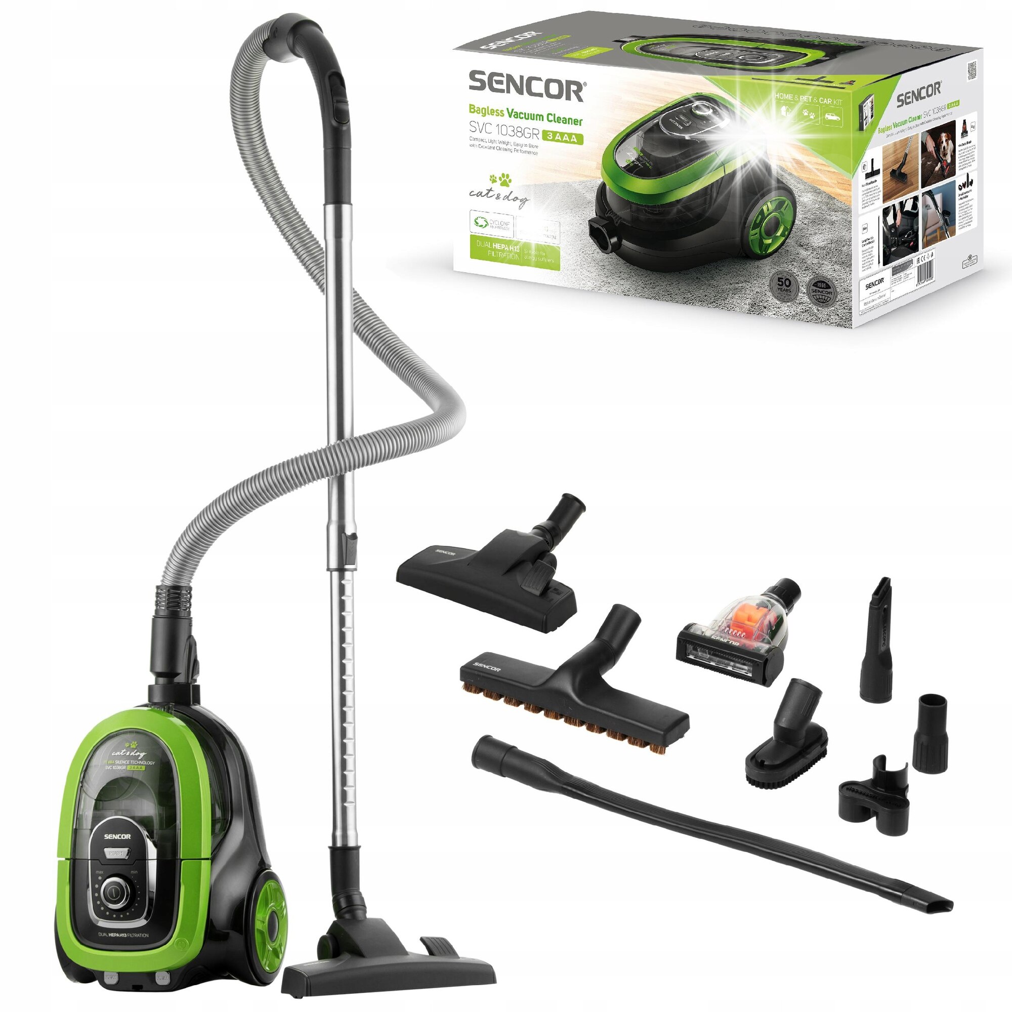 Aspirator fara sac Sencor SVC 1038GR, 750W, HEPA H13, verde, 10m raza de actiune