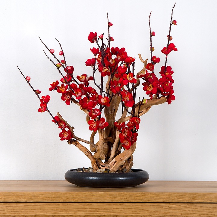 Bonsai decorativ, prun rosu, 50x50x30cm, din lemn natural cu flori textile, ghiveci ceramic cu pietris decorativ