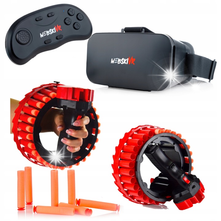 360°-os VR szemüveg, Webski, szett vezeték nélküli gamepad-del és habszivacs golyós automata pisztollyal