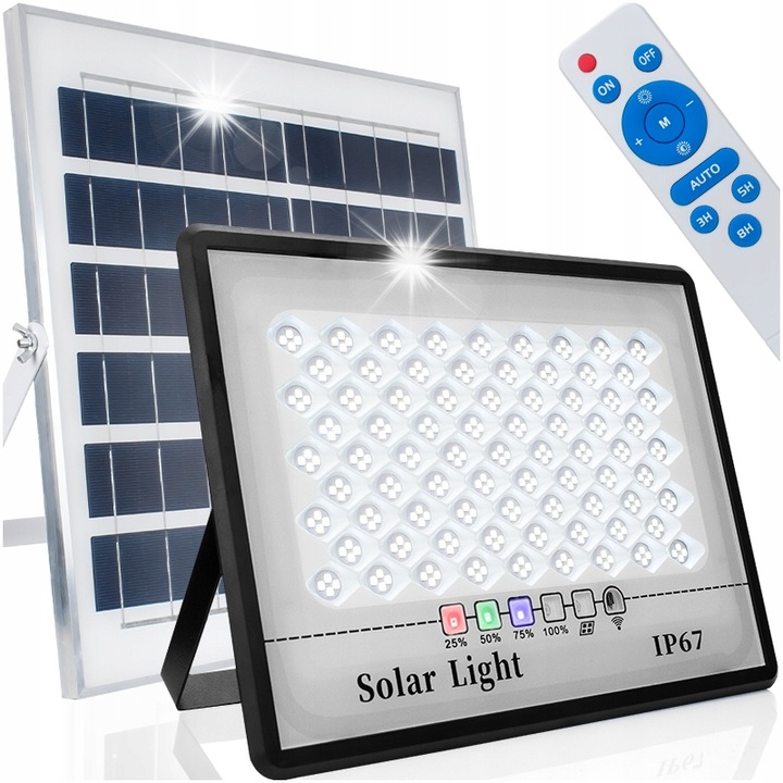 Lampa solara externa Decorya 100W, cu panou solar si telecomanda, rezistenta la apa IP67, 26x20x5cm