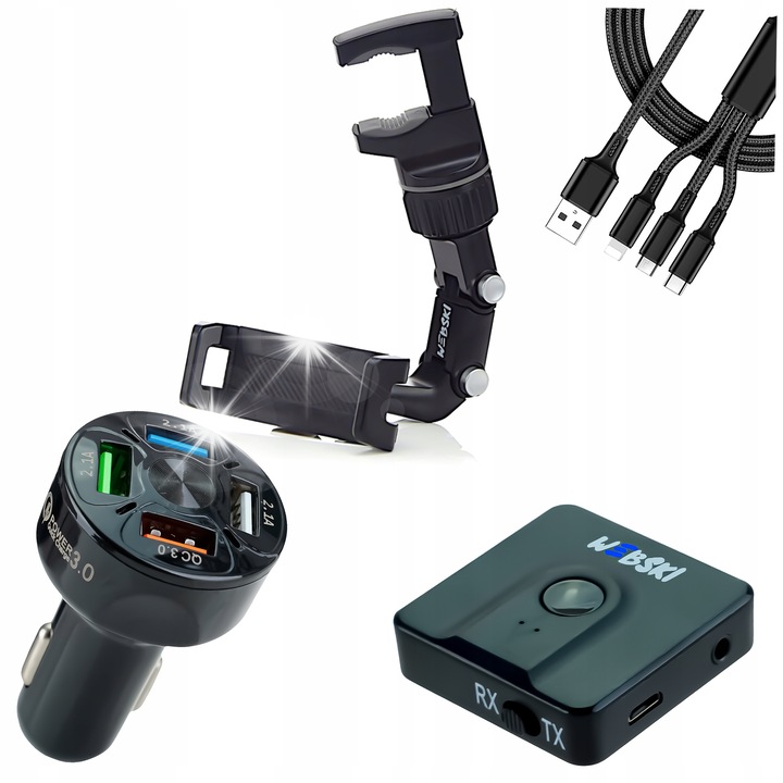 Комплект поставка за телефон за кола, Webski, със зарядно за кола Quick Charge 3.0 и Bluetooth 5.0 предавател, 90x230 мм, 4 USB порта, 120 см кабел 3в1