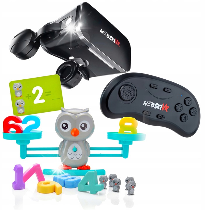 Webski VR szemüveg, gamepad-del és bagoly alakú súllyal, 175x80mm, kék fényszűrő, 3D 360