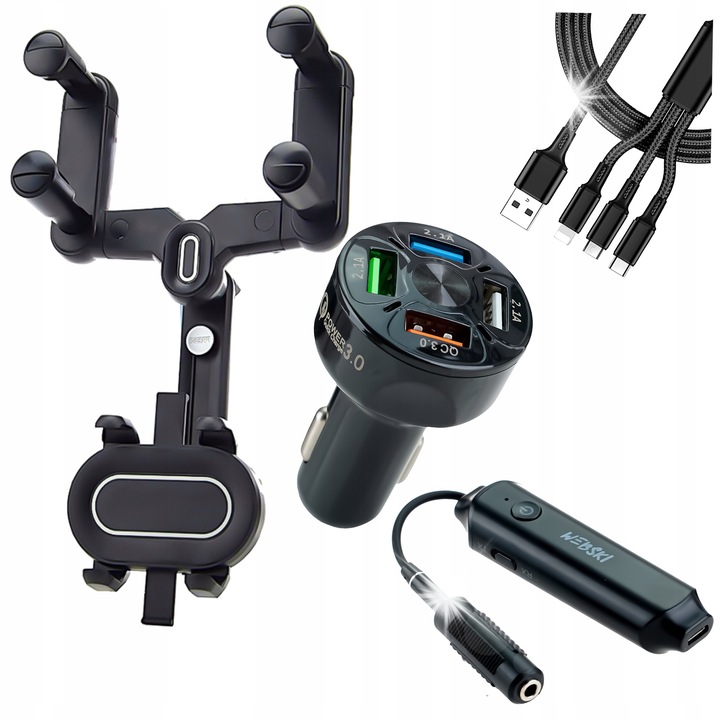 Комплект поставка за кола Webski с автомобилно зарядно устройство Quick Charge 3.0 и Bluetooth 5.0 предавател, 4 USB порта, черна