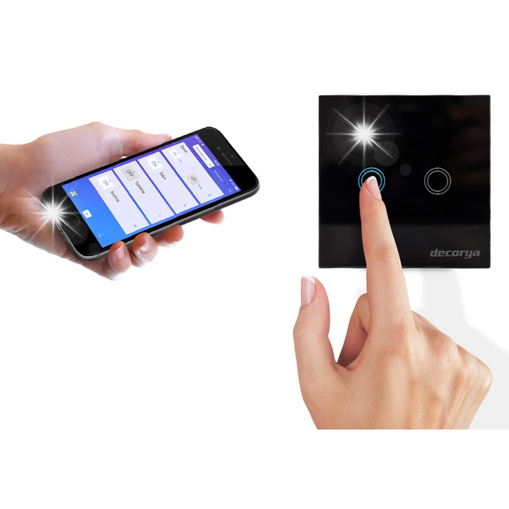 Decorya WiFi kapcsoló, dupla, fekete üveg, 1000W, 86x86x36mm