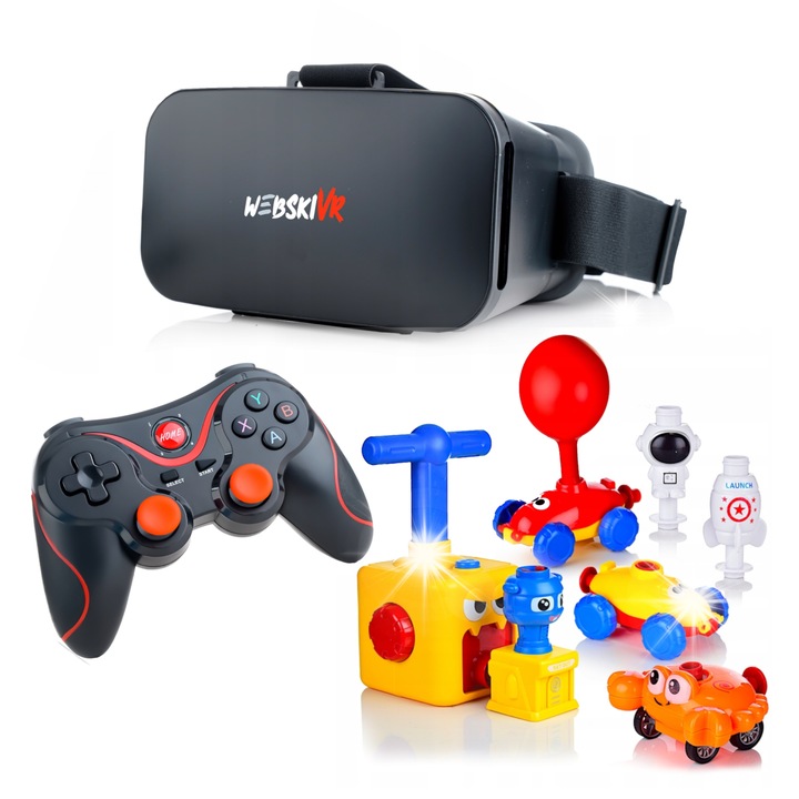 Комплект VR очила Webski, с безжичен геймпад и изстрелвачка на балони