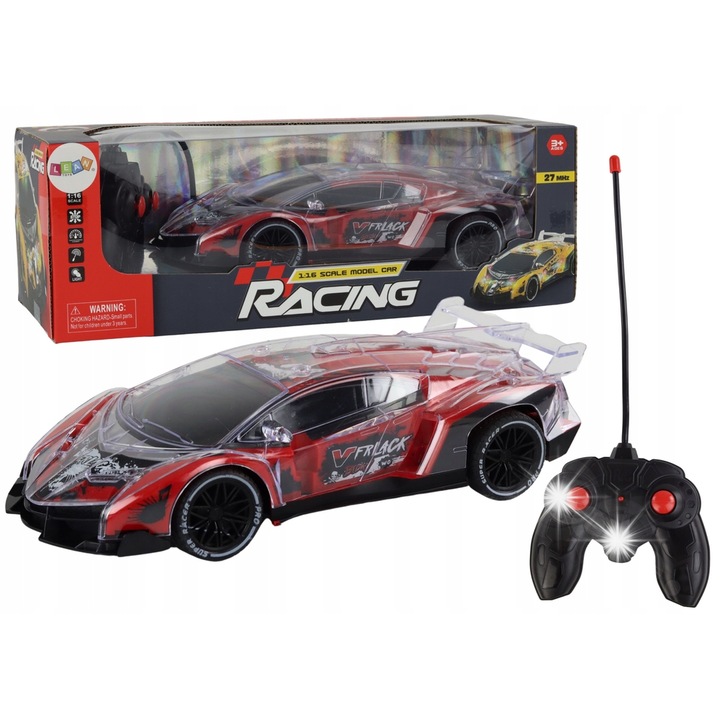 LEAN Toys piros sportautó távirányítóval, 1:16 méretarány, méretei 25x11,5x6,5cm, teljes készlet.