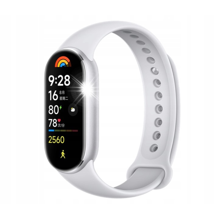 Фитнес гривна Xiaomi Mi Band 9, 1,62'' AMOLED, проследяване на здравето, сребрист цвят, пълен комплект