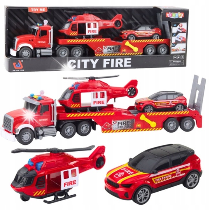 LEAN Toys Autókészlet, helikopteres teherautó, fények és hangok, piros