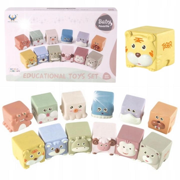 Комплект от 12 сензорни кубчета с животни, LeanToys, меки, безопасни материали