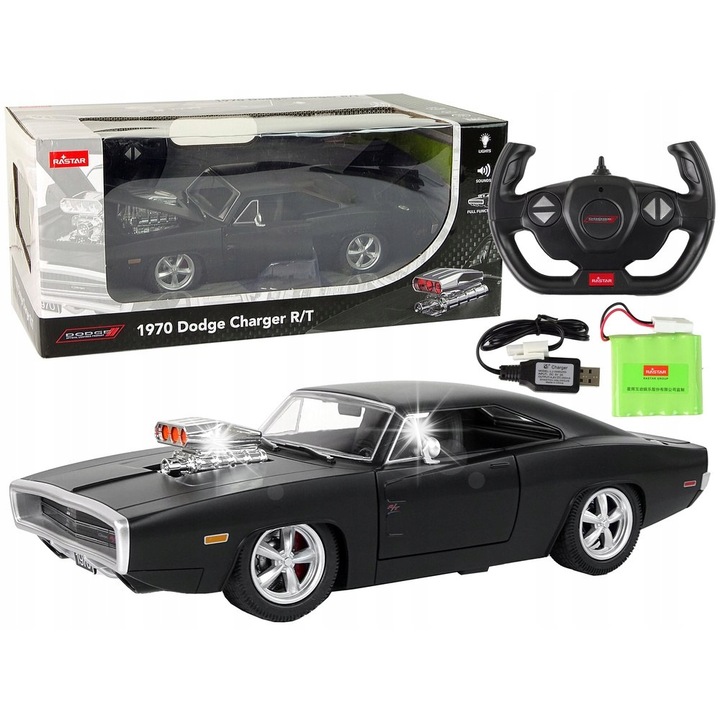 R/C Dodge Charger autó 1:16, Rastar, fekete, 32x9x12cm, pilótával és akkumulátorral