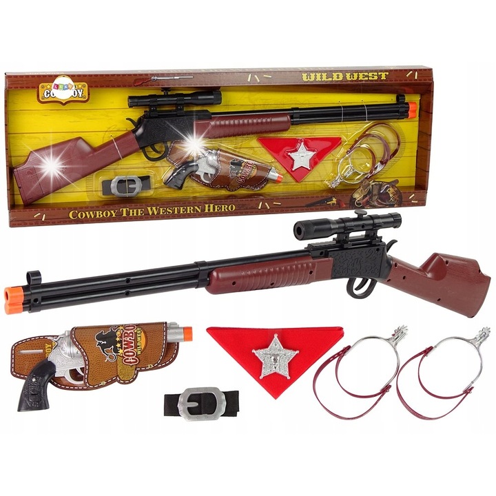 Комплект играчки каубой, LEAN Toys, пушка и револвер, 80x14x3cm, 23x10x4cm, за деца над 3 години