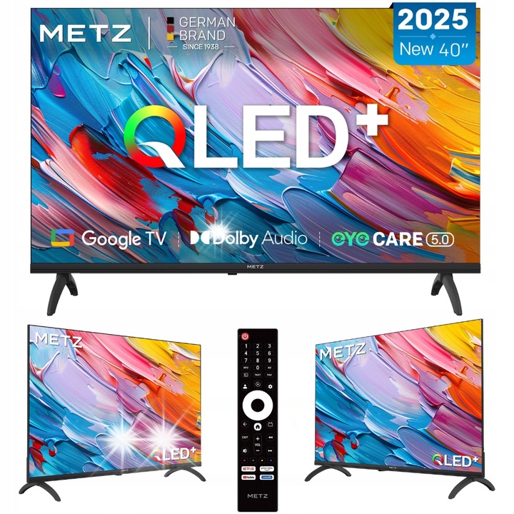 LED televízió, METZ, 40MQF700Z, Smart TV Google TV, HDR10, WiFi, 2x HDMI, 2x USB, fekete, 89,2x56,5x21,4 cm
