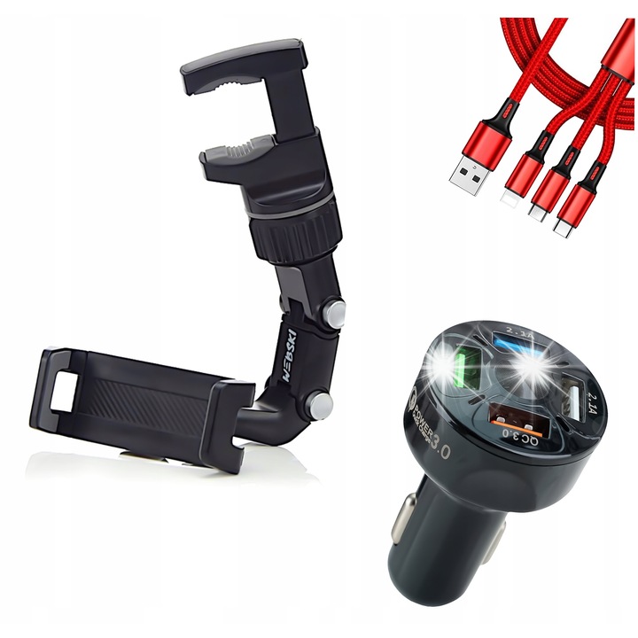 Комплект поставка за телефон за кола с зарядно за кола Quick Charge 3.0 и кабел 3 в 1, Webski, 90x230mm, 120cm