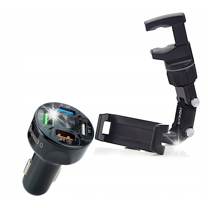 Стойка за телефон за кола със зарядно за кола Quick Charge 3.0, 4 USB порта, 90x230 мм, 3-28 мм