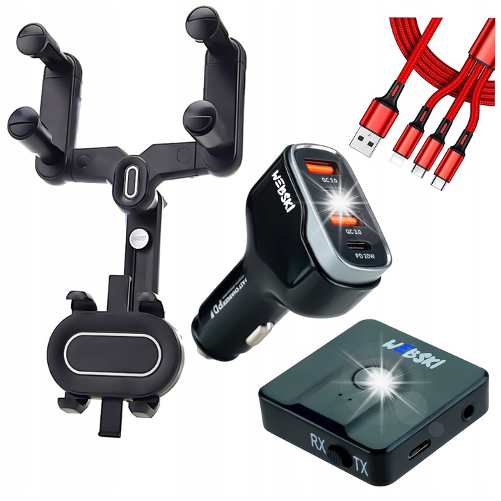 Комплект поставка за кола Webski, стойка за телефон с регулиране на 360°, зарядно за кола 40W, Bluetooth 5.0 предавател, кабел 3в1 120см