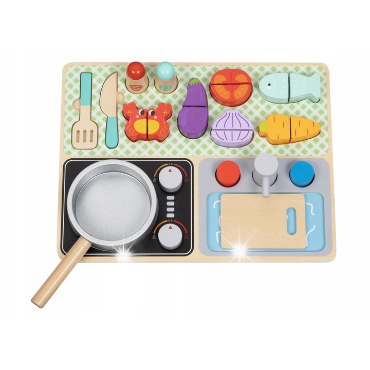 Fából készült konyhai készlet kiegészítőkkel, Tooky Toy, 17,5x9x3cm, 6,5x3x2,5cm