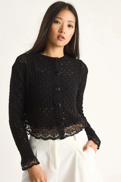 Pulover dama, HiCCUP, cardigan tricotat cu nasturi si detalii din dantela, negru, tricot, S-M INTL