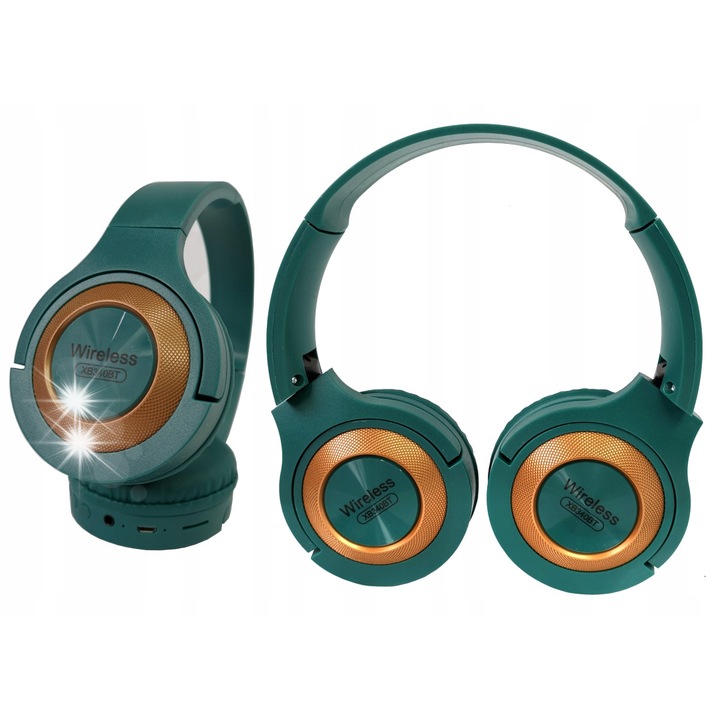 Безжични слушалки Webski, модел SLBTXB340, с HD микрофон, четец за micro SD, 40 мм, сгъваеми, зелени