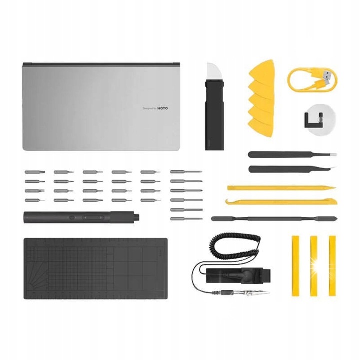 HOTO QWLSD012 elektromos csavarhúzó készlet, 45 darab, USB-C, méretek 215.5x121.8x26.5mm, LED világítás