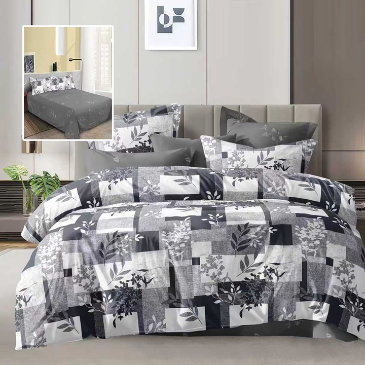 Спално бельо за двойно легло, полипамук, 4 части, NufJoy®, чаршаф 230x250 см, плик за завивка 200x230 см, 2 калъфки за възглавници 50x70 см, сив пъзел