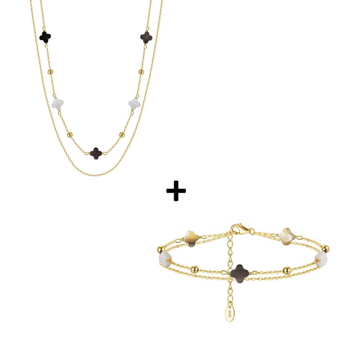 Set argint 925 colier si bratara placate cu aur 14K cu pandantive din sidef Trifoi cu Patru Foi