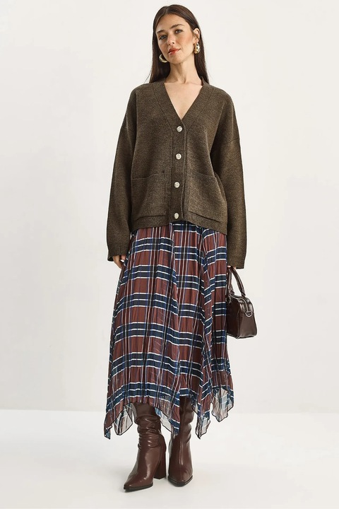 Fusta midi, Bianco Lucci, captusita, carouri, maro cafeniu, textil