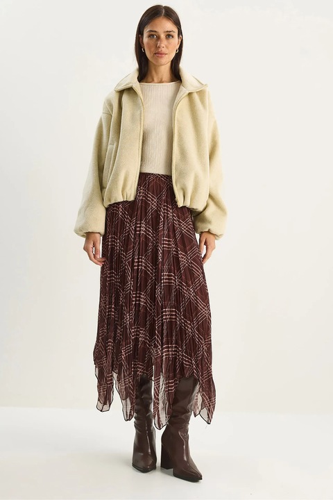 Fusta midi, Bianco Lucci, carouri, captusita, maro, textil