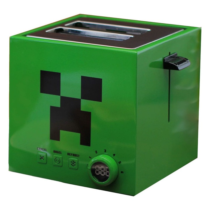 Prajitor de paine Minecraft Creeper, compact, 2 sloturi, verde, 22x21x20cm