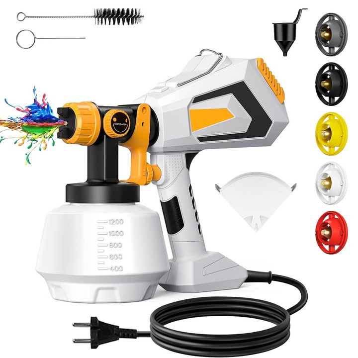 Pistol electric de pulverizat vopsea YOUKUKE®, 650 W, 2 moduri de pulverizare, 1200ml, Debitul vopselei reglabil 0-1000 ml/min, Latime de stropire reglabila, 5 duza vopsele, Usor de curatat