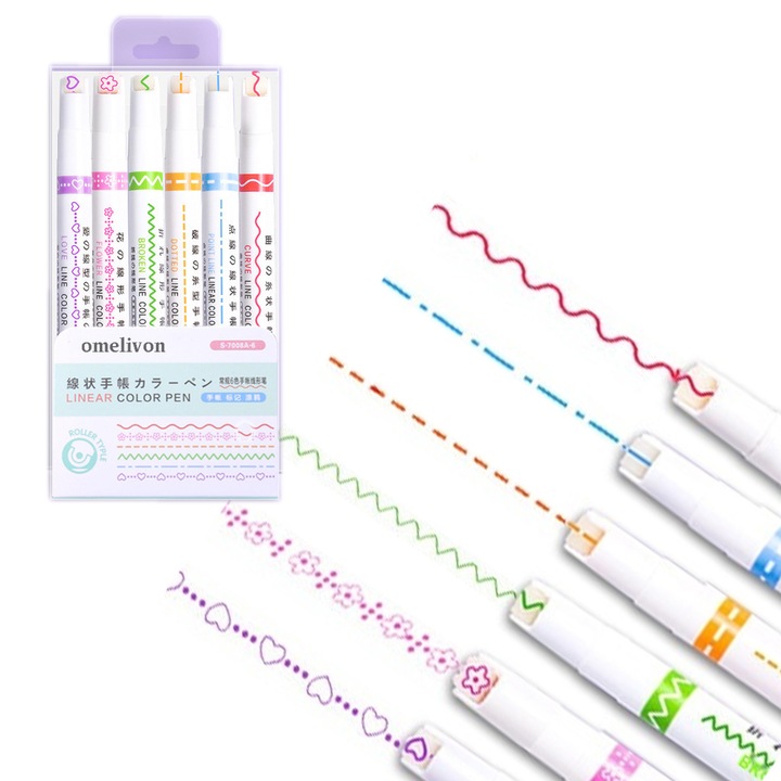 Set de 6 Pixuri Decorative cu Linii Florale si Stiluri Diverse, pentru Jurnal si Planificator, Multicolor