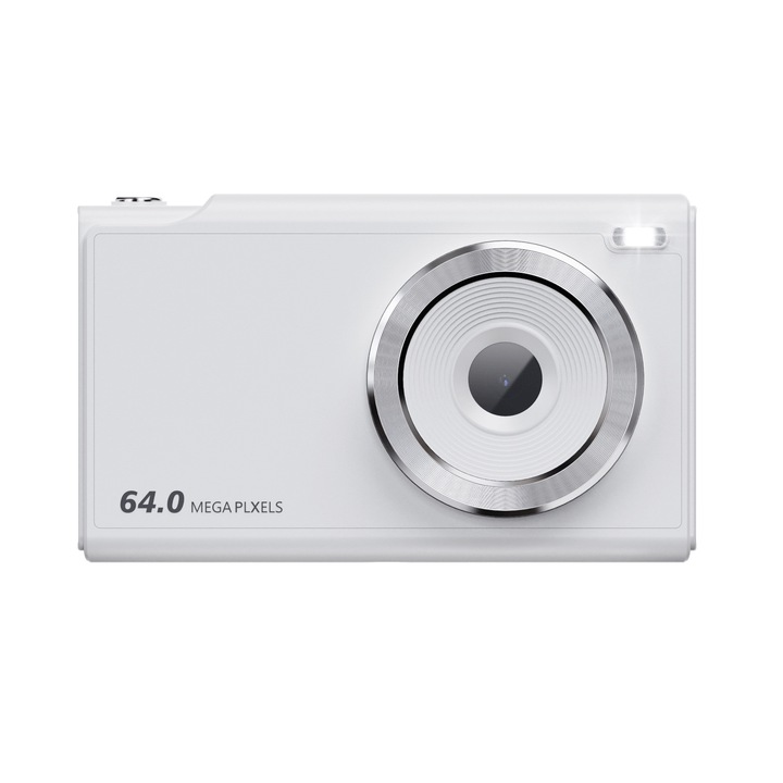 Aparat foto digital, 4K HD, 64 megapixeli, zoom 16x, stabilizare imagine, baterie 1000 mAh, card de memorie 64 GB, cititor de carduri USB, adaptor tip C