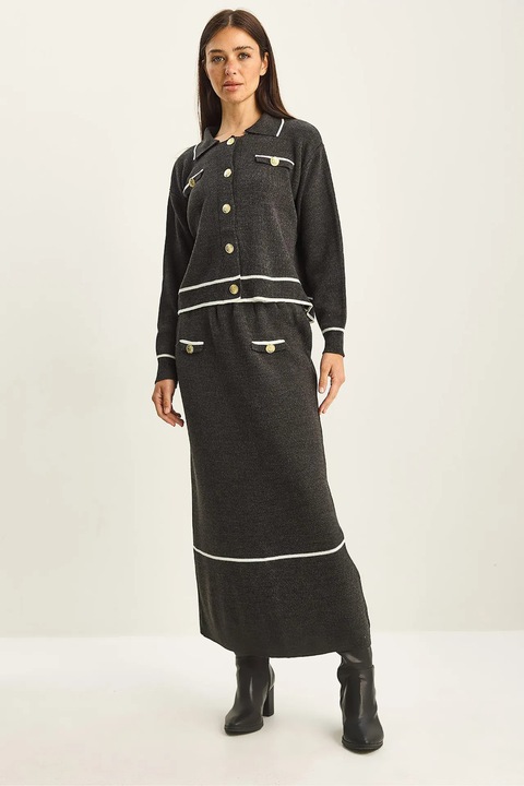 Costum dama, Bianco Lucci, set din doua piese, tricotat, Gri carbune, S-M