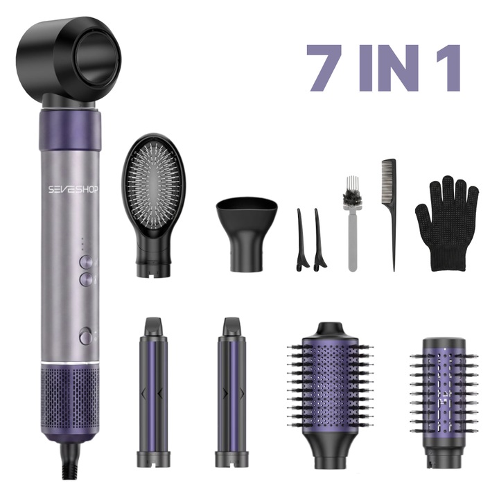 Uscator Par SeveShop® 7 In 1, Feon, Ondulator Automat, Uscator Par Cu Motor 1500W, Perii Styling Pentru Volum, Ondulator Automat Auto-Wrap, Perii Styling Pentru Indreptare, 4 Trepte Temperatura, 3 Viteze Aer, Ionizare Anti Frizz, Mov