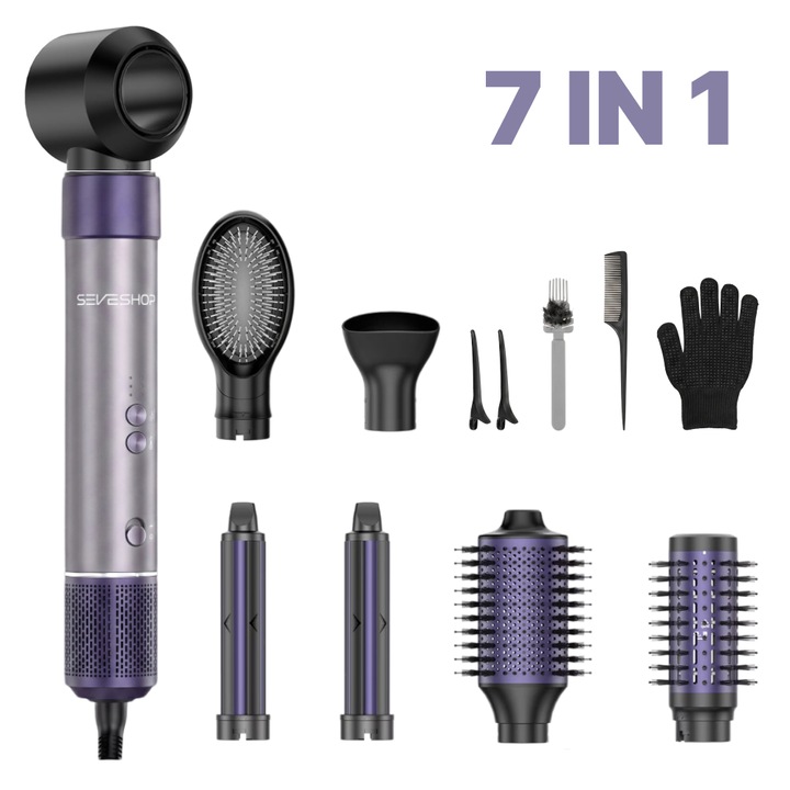 Сешоар SeveShop® 7 в 1, Feon, Автоматична маша, Сешоар с мотор 1500W, Стилизиращи четки за обем, Автоматична маша с автоматично увиване, Стилизиращи четки за изправяне, 4 температурни степени, 3 скорости на въздуха, Йонизация против накъсване, Лилав