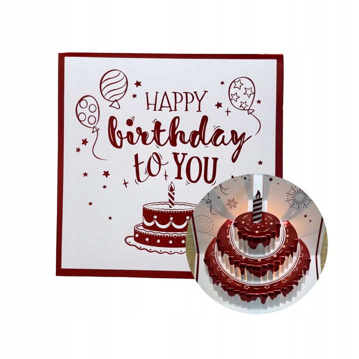 Kartka Urodzinowa 3D cu Tort LED, Metalic Rosu, 15x15cm, Set cu Coperta Eleganta