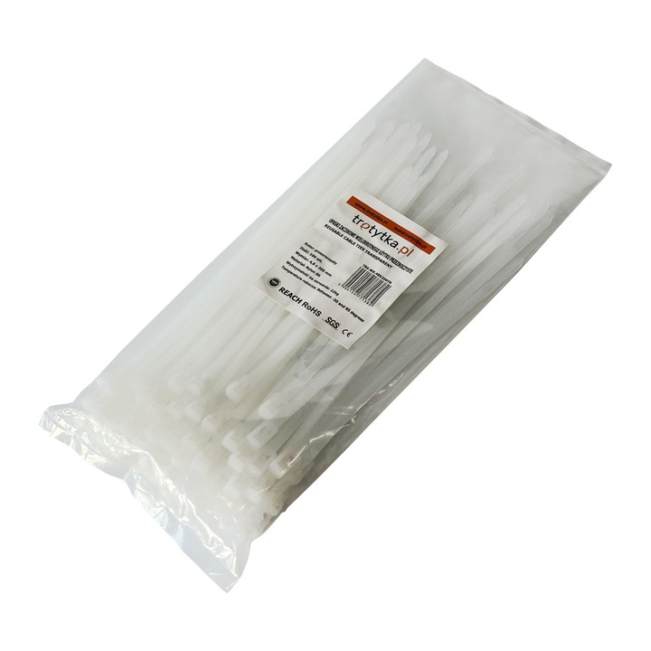 Set 100 coliere de cablu Tretytka.pl, set reutilizabil, rezistente UV, 4,8x200mm, alb transparent