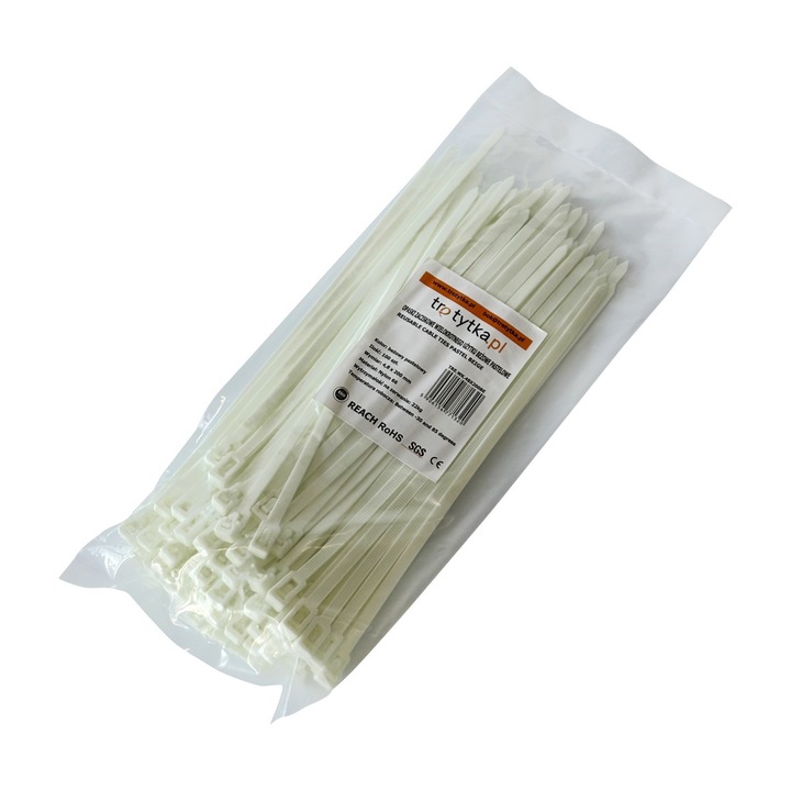 Set 100 coliere de cablu Tretytka.pl, set reutilizabil, rezistente UV, 4,8x200mm, pastel bej