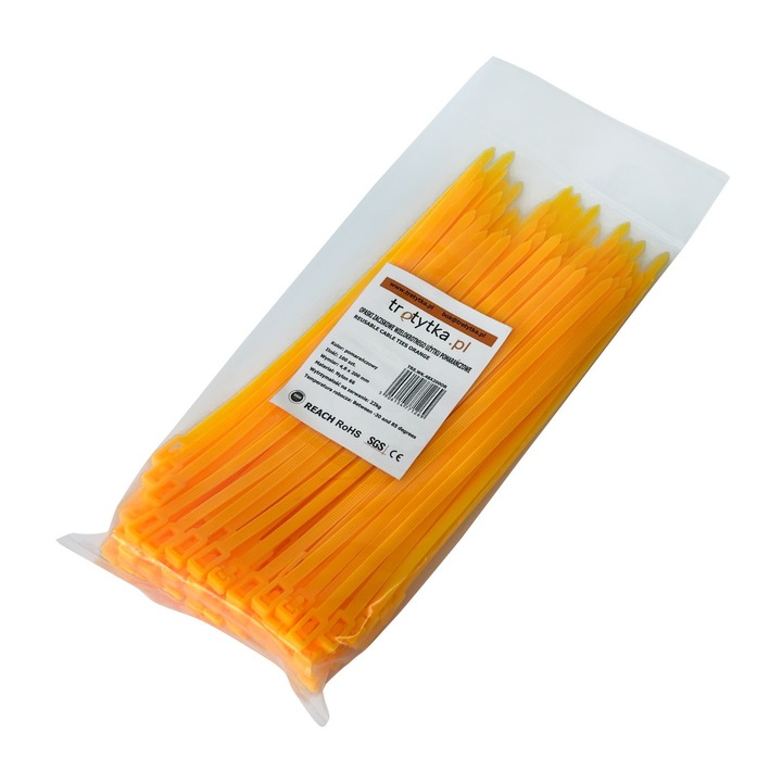 Set 100 buc coliere de cablu, Tretytka.pl, UV 4,8x200mm, portocalii, reutilizabile