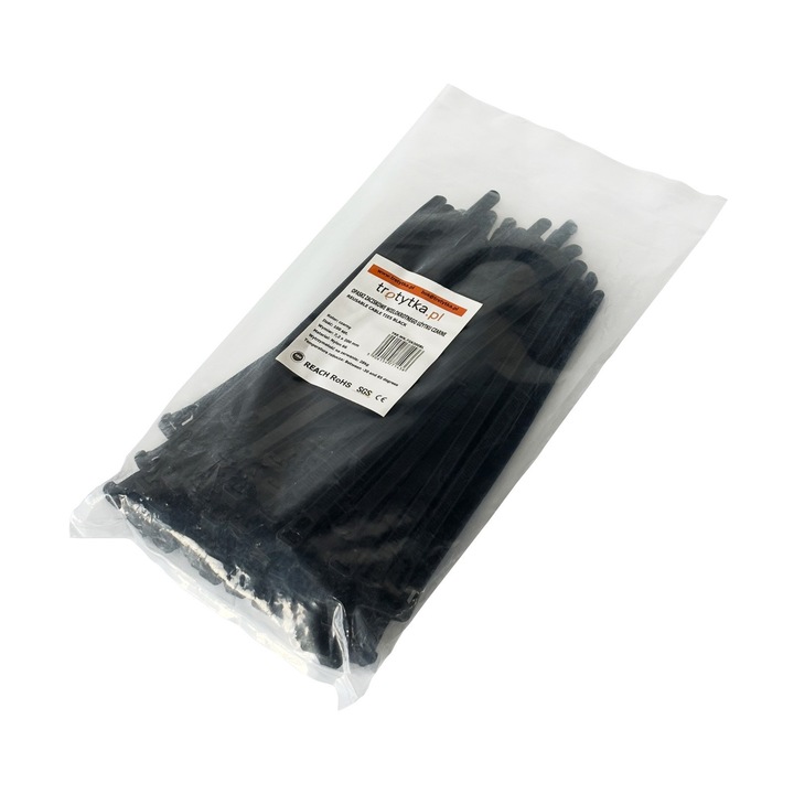 Set 100 coliere de cablu Tretytka.pl, set reutilizabil, rezistente UV, 7,2x200mm, negre
