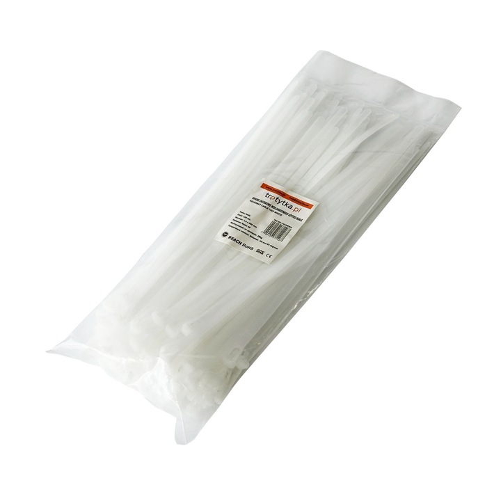 Set 100 coliere de cablu Tretytka.pl, set reutilizabil, rezistente UV, 7,4x300mm, set, alb