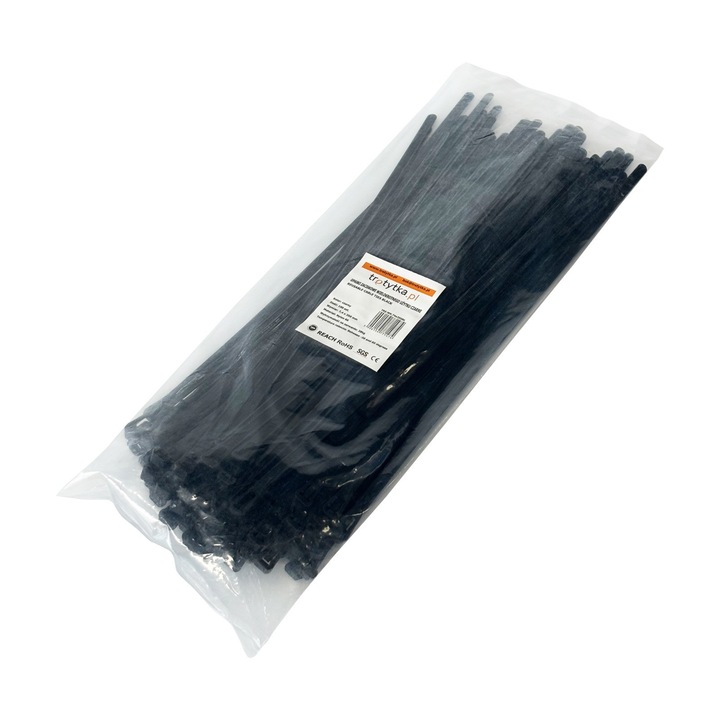 Set 100 coliere de cablu Tretytka.pl, set reutilizabil, rezistente UV, 7,4x350mm, negre