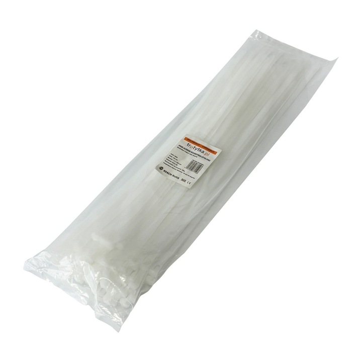 Set 100 coliere de cablu Tretytka.pl, set reutilizabil, rezistente UV, 7,4 X 450 mm, alb