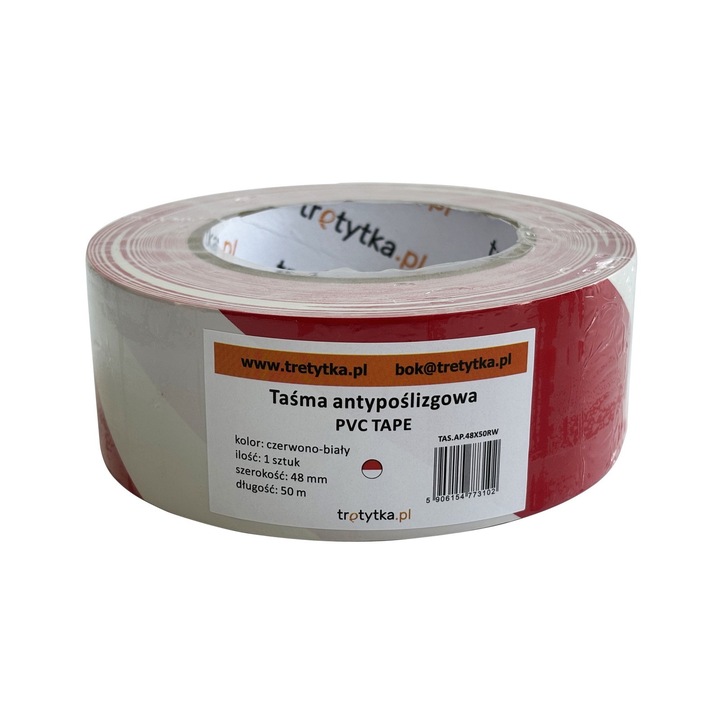 Banda antiderapanta PVC, Tretytka.pl, 48 mm x 50 m, rosu/alb, strat autoadeziv